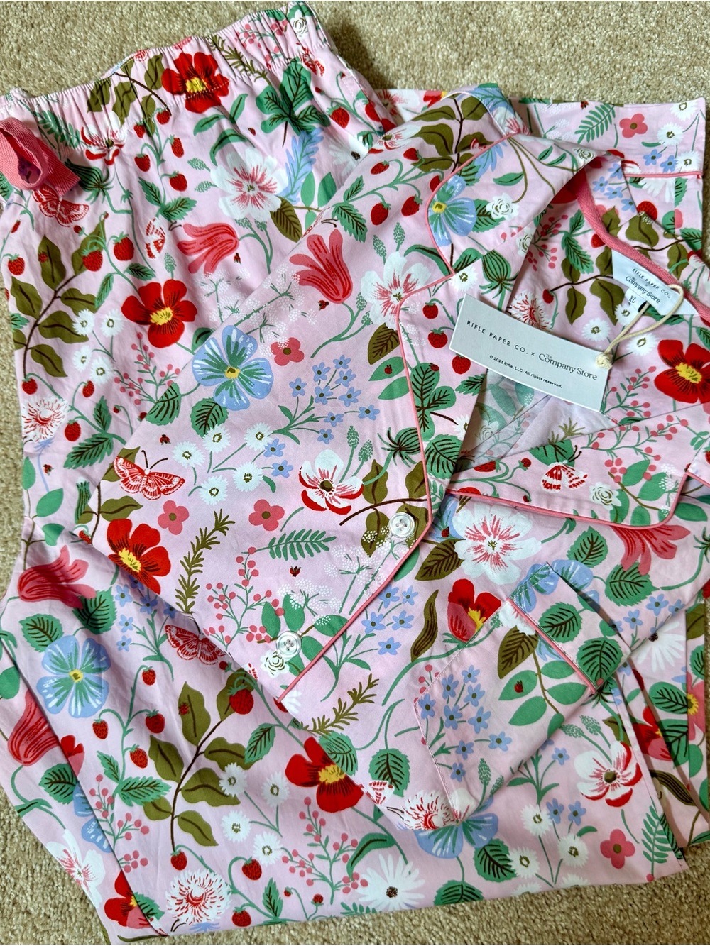 Rifle Paper Co. x The Company Store Pink strawberry Floral Button-Up Pajama Set - Picture 14 of 14
